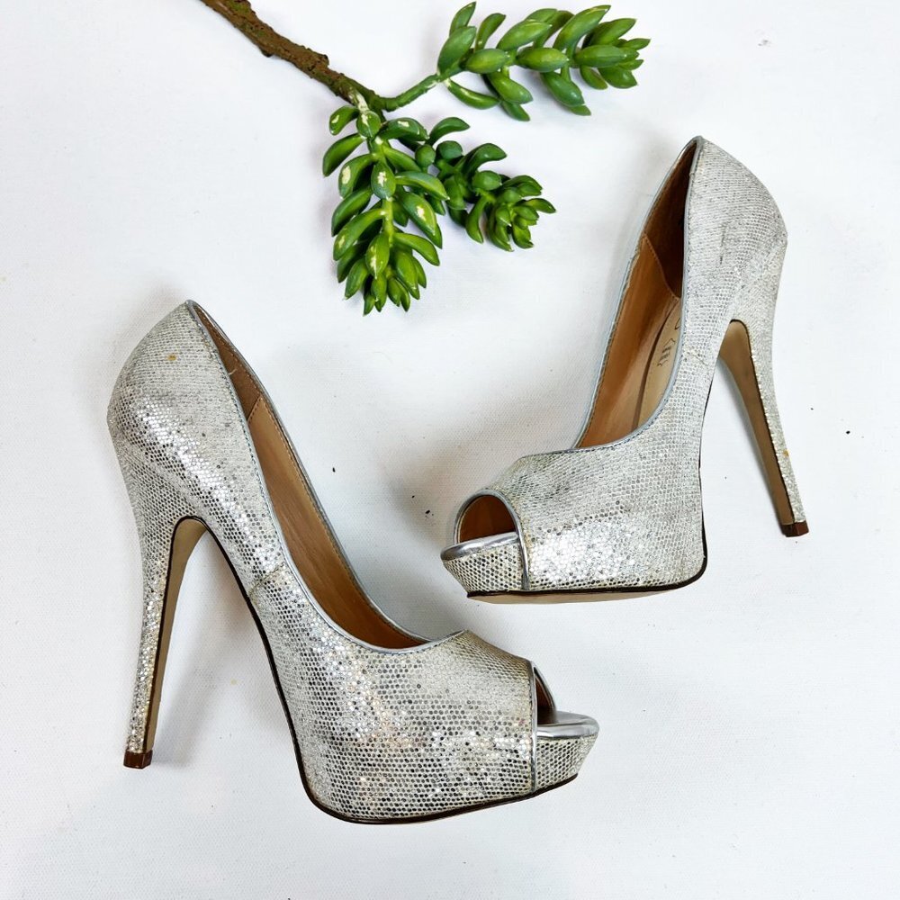 2/$30 Aldo Sparkly Silver Genuine Leather Platform Stilettos 6.5